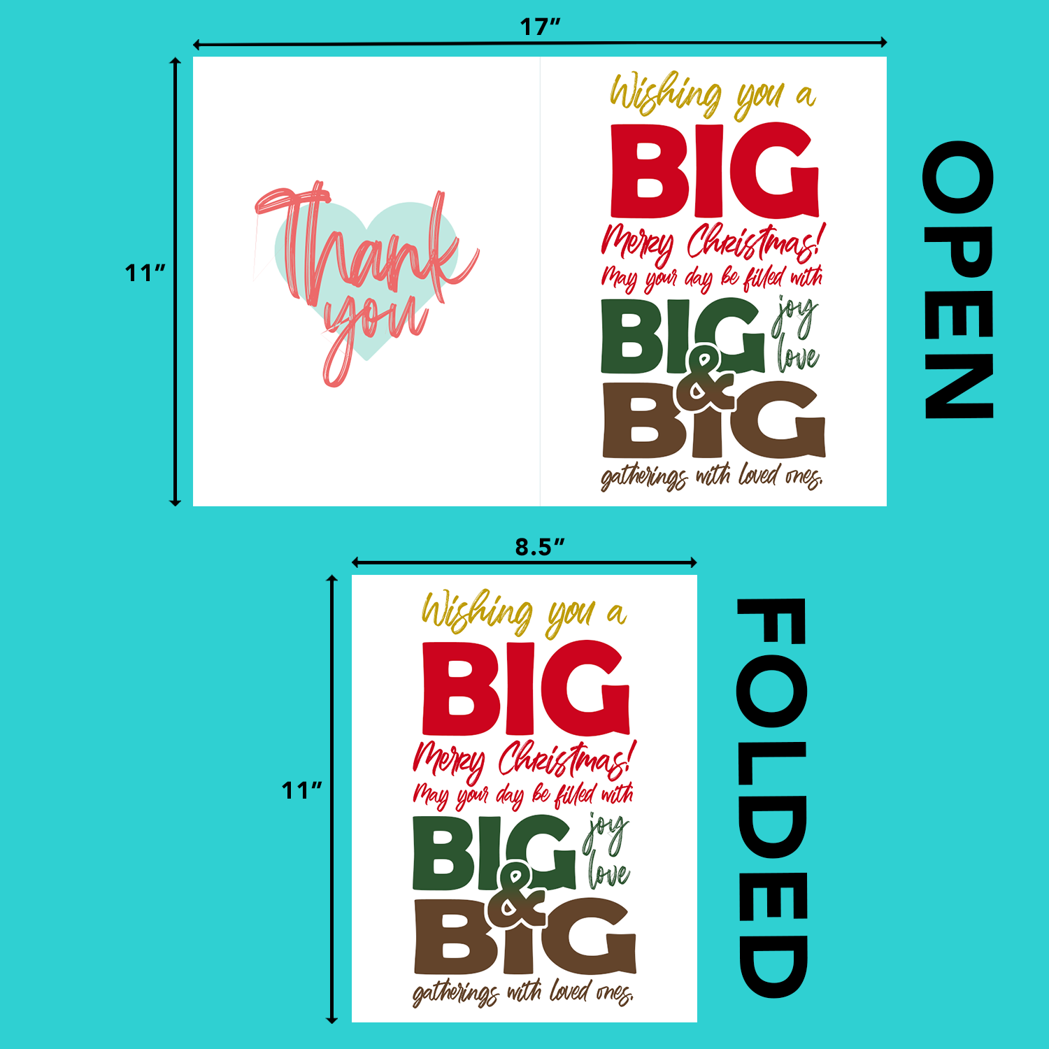 A Big Merry Christmas Greeting Cards with Envelopes – 8.5" x 11" Jumbo Size Thank You Cards for Large Groups and Teams  – 2 per Pack