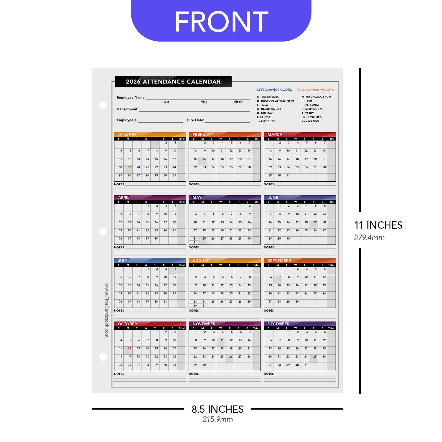 2026 Attendance Calendar Card Stock Paper – Great Employee Work Tracker