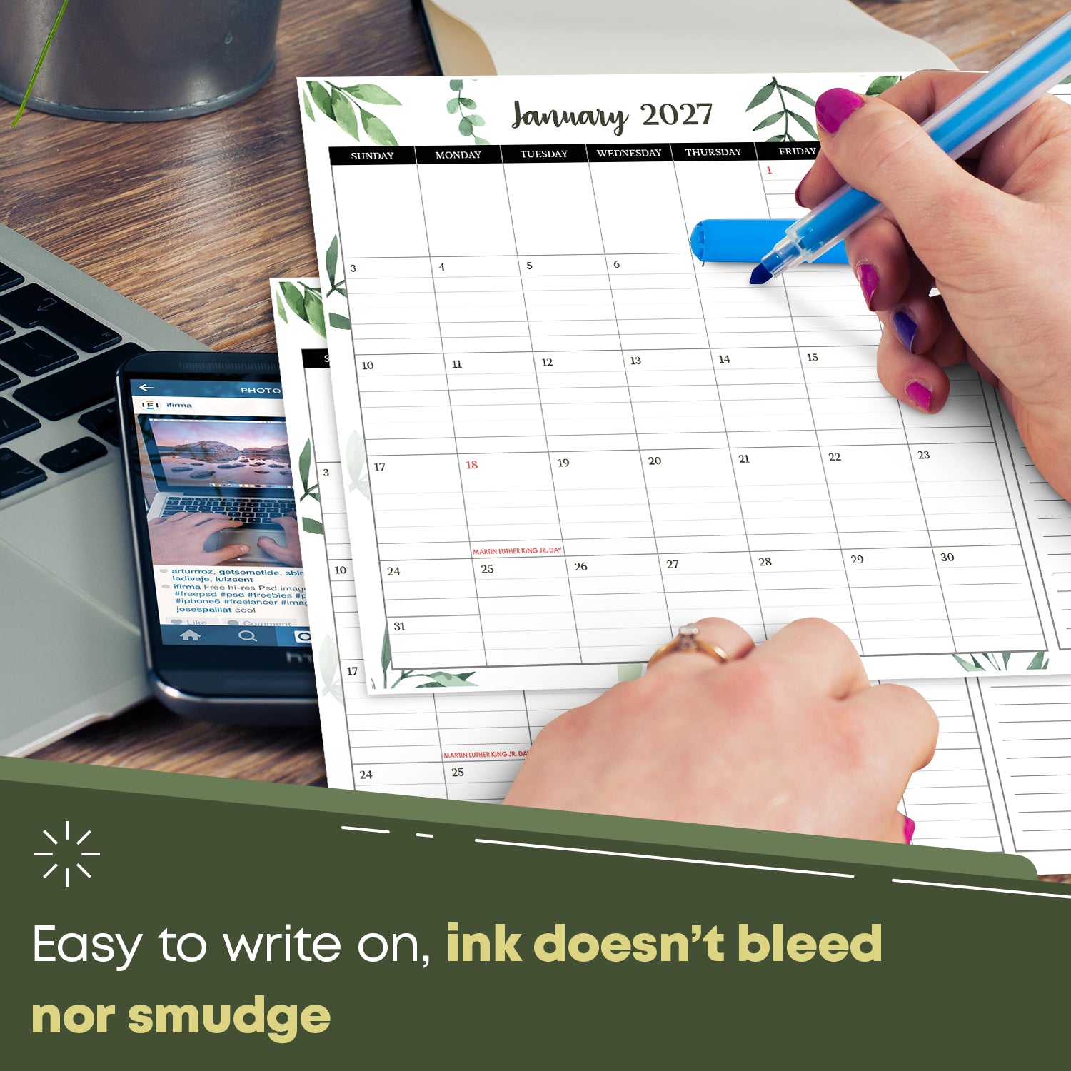 Writing on the 2027 desk calendar with a marker, ink does not bleed or smudge