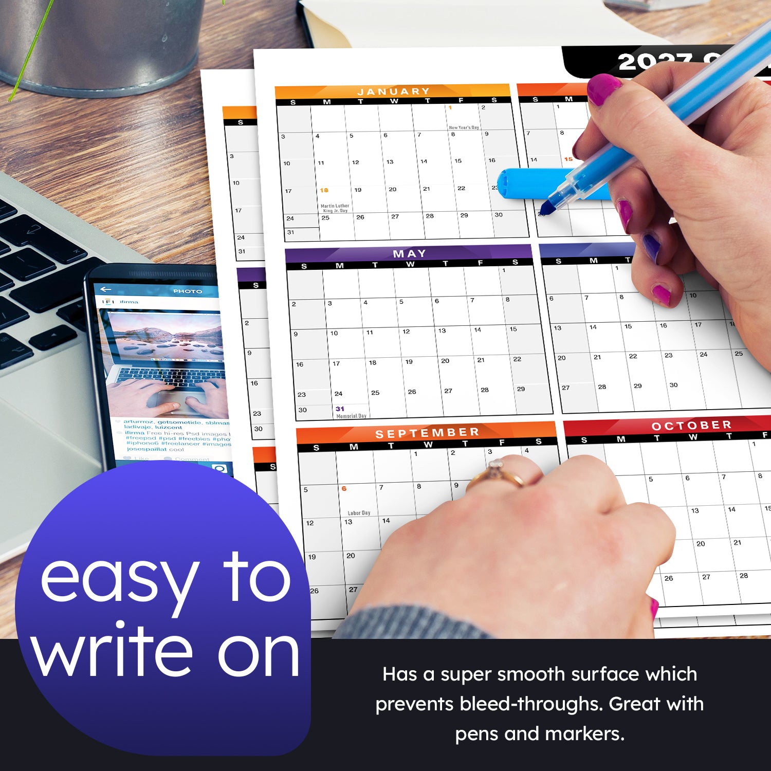 2027 Full Desk Calendar - 11 x 17” Large Size 2 Sided Vertical/Horizontal Reversible - Printed on Thick and Durable 80lb Cardstock (216 GSM) 2 per Pack