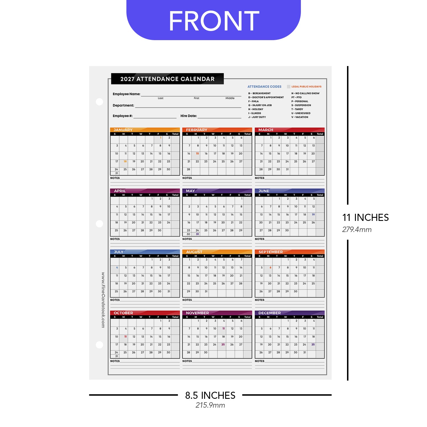 2027 Attendance Calendar Card Stock Paper – Great Employee Work Tracker