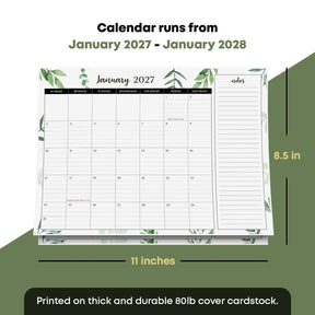 2027 desk calendar size chart, 8.5 x 11 inches, 80lb cover cardstock