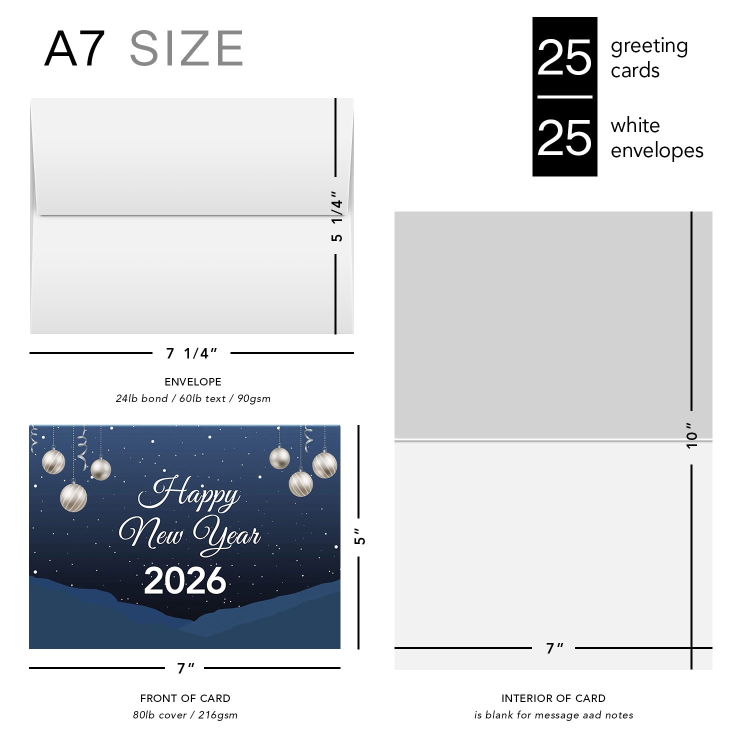 2023 Happy New Year - Blue Holiday Greetings 25 tarjetas y 25 sobres por paquete - 5 x 7" pulgadas cuando está plegado