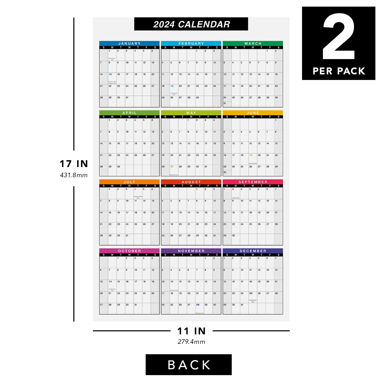 2024 Full Desk Calendar - 11 x 17” Large Size 2 Sided Vertical/Horizontal Reversible - Printed on Thick and Durable 80lb Cardstock (216 GSM) 2 per pck