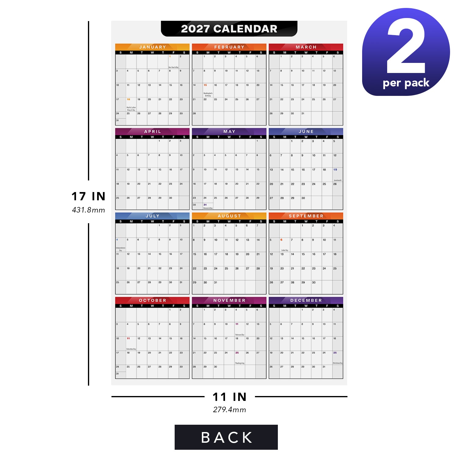2027 Full Desk Calendar - 11 x 17” Large Size 2 Sided Vertical/Horizontal Reversible - Printed on Thick and Durable 80lb Cardstock (216 GSM) 2 per Pack