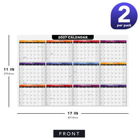 2027 Full Desk Calendar - 11 x 17” Large Size 2 Sided Vertical/Horizontal Reversible - Printed on Thick and Durable 80lb Cardstock (216 GSM) 2 per Pack