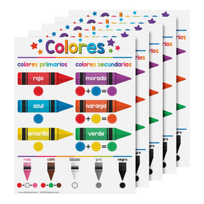 Spanish Colors Chart for Kids - Educational Poster | Durable Cardstock | 8.5" x 11" | 5-Pack