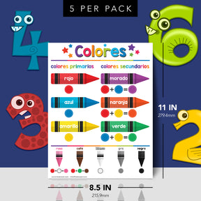Spanish Colors Chart for Kids - Educational Poster | Durable Cardstock | 8.5" x 11" | 5-Pack