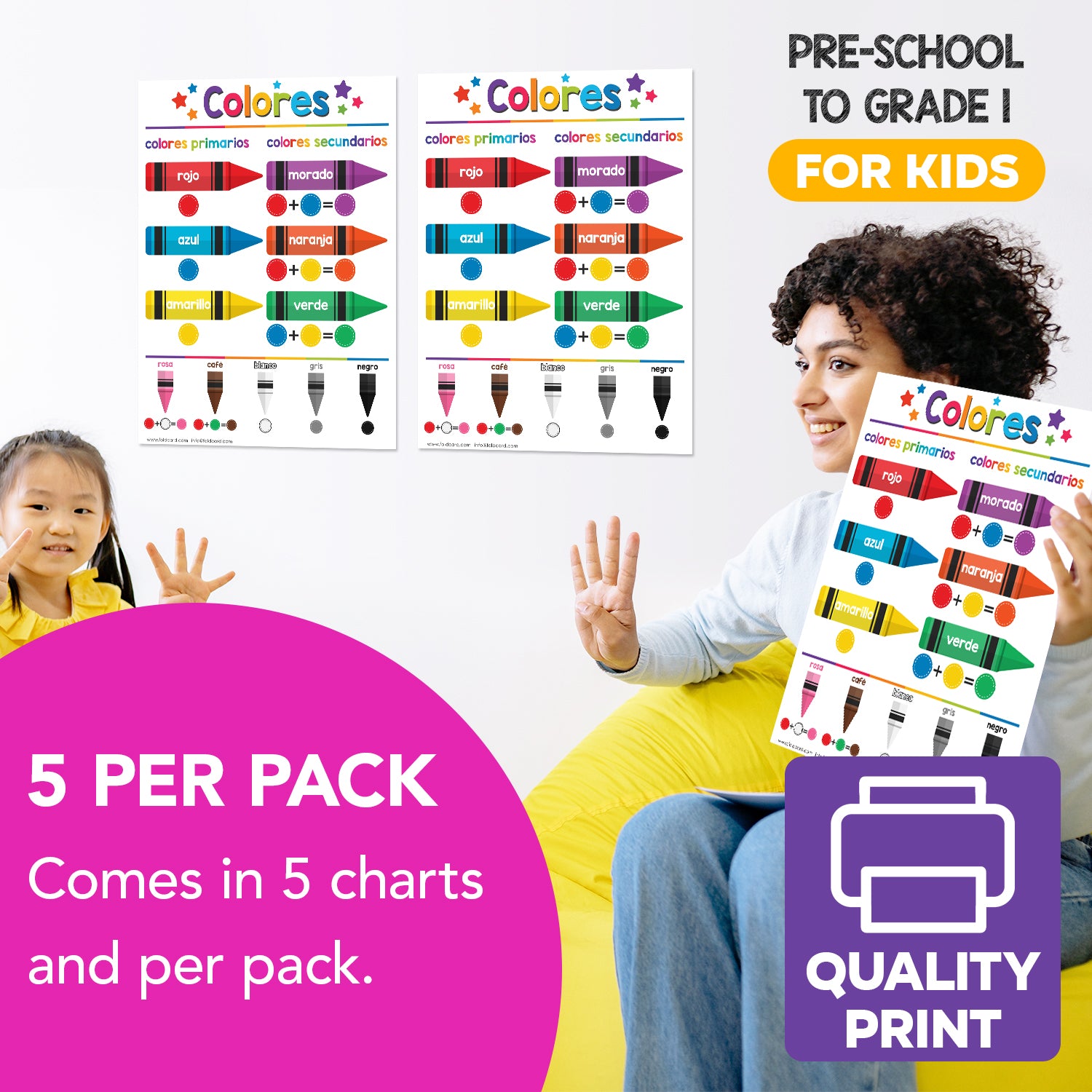 Spanish Colors Chart for Kids - Educational Poster | Durable Cardstock | 8.5" x 11" | 5-Pack