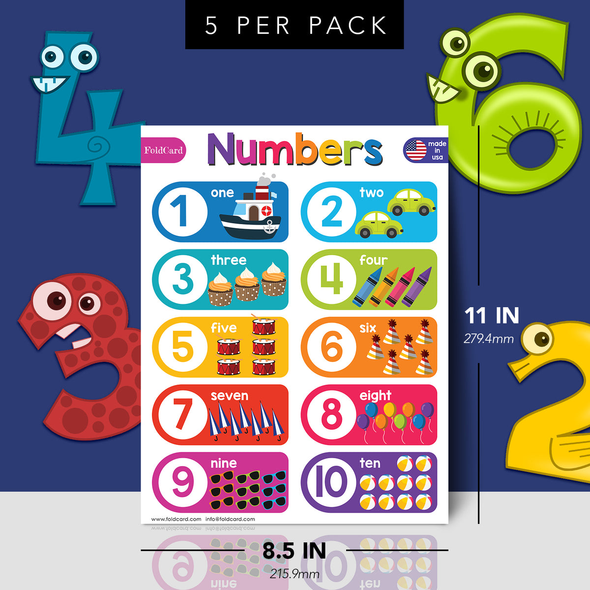 Numbers 1-10 Chart for Kids | Bright and Colorful Educational Poster | 8.5" x 11" | 5 Pack