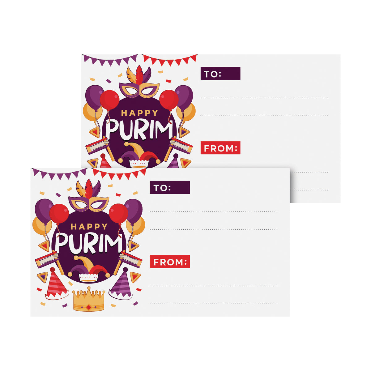 Happy Purim Blank Gift Tag Stickers, 3.5" x 2" To From Jewish Holiday Religious Self-Adhesive Name Labels for Gifts Presents – 25 per Pack