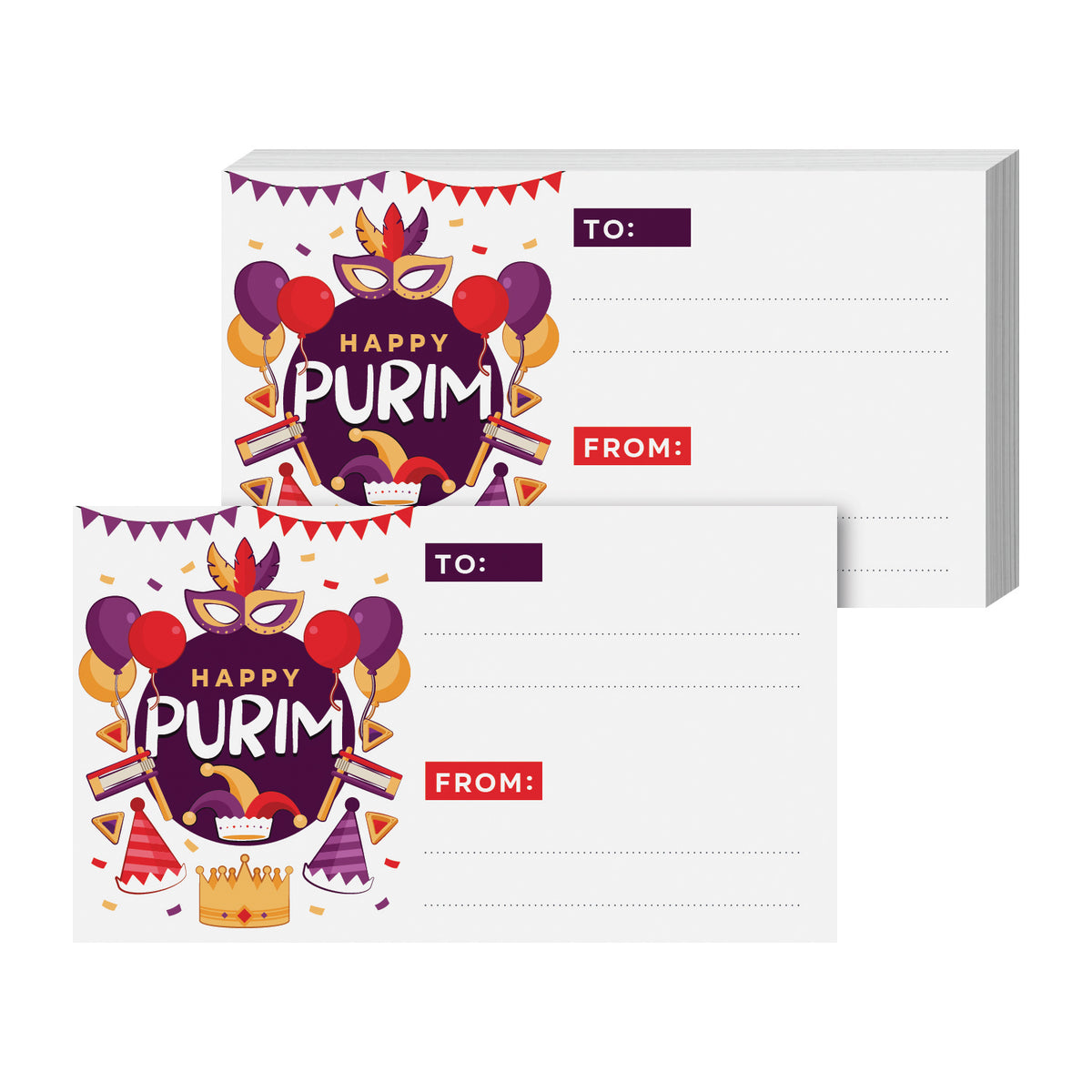 Happy Purim Blank Gift Tags, 3.5" x 2" To From Jewish Holiday Religious Greeting Note Cards for Gifts Presents – 25 per Pack