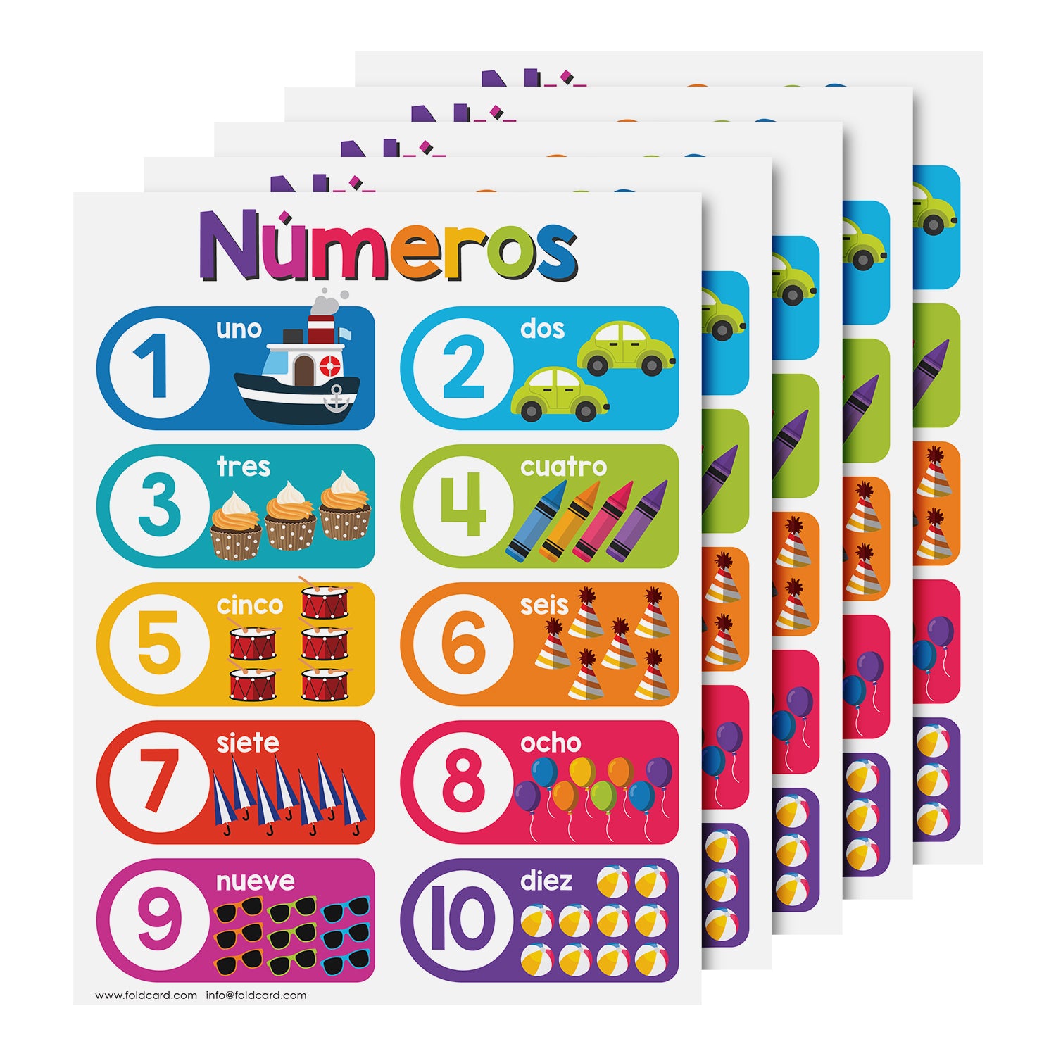 Spanish Numbers 1-10 Chart for Kids | Bright and Colorful Educational Poster | 8.5" x 11" | 5 Pack