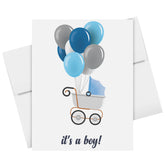 It's A Boy! – Blue Stroller & Balloons – Baby Shower Greeting Cards for New Mom Dad Parents, Welcome New Baby, Congrats, Gender Reveal – 10 per Pack