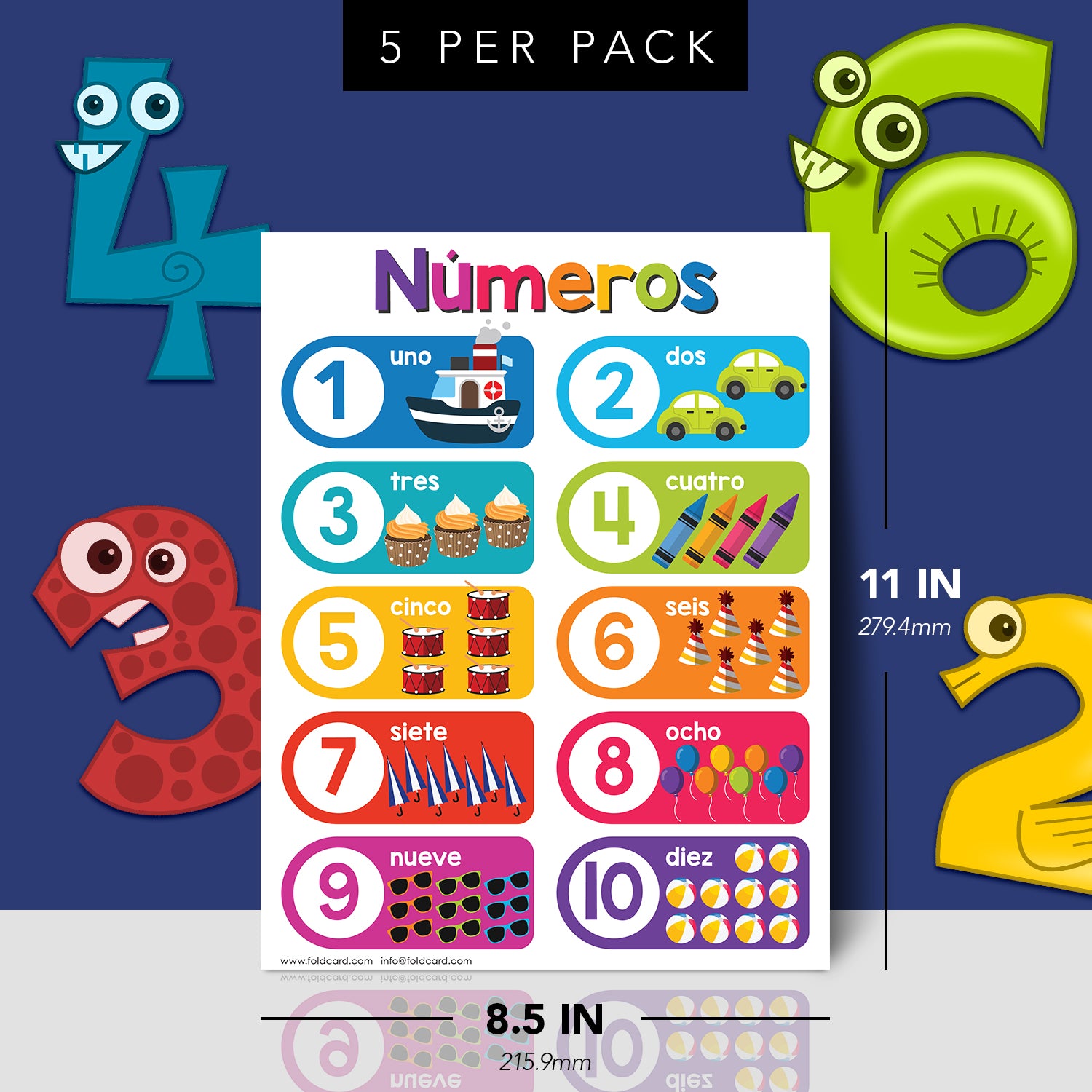 Spanish Numbers 1-10 Chart for Kids | Bright and Colorful Educational Poster | 8.5" x 11" | 5 Pack