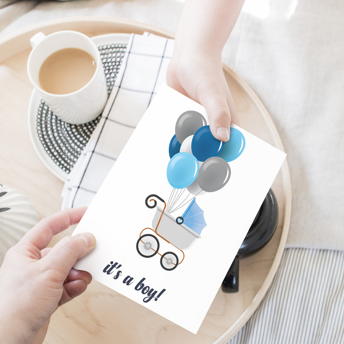 It's A Boy! – Blue Stroller & Balloons – Baby Shower Greeting Cards for New Mom Dad Parents, Welcome New Baby, Congrats, Gender Reveal – 10 per Pack