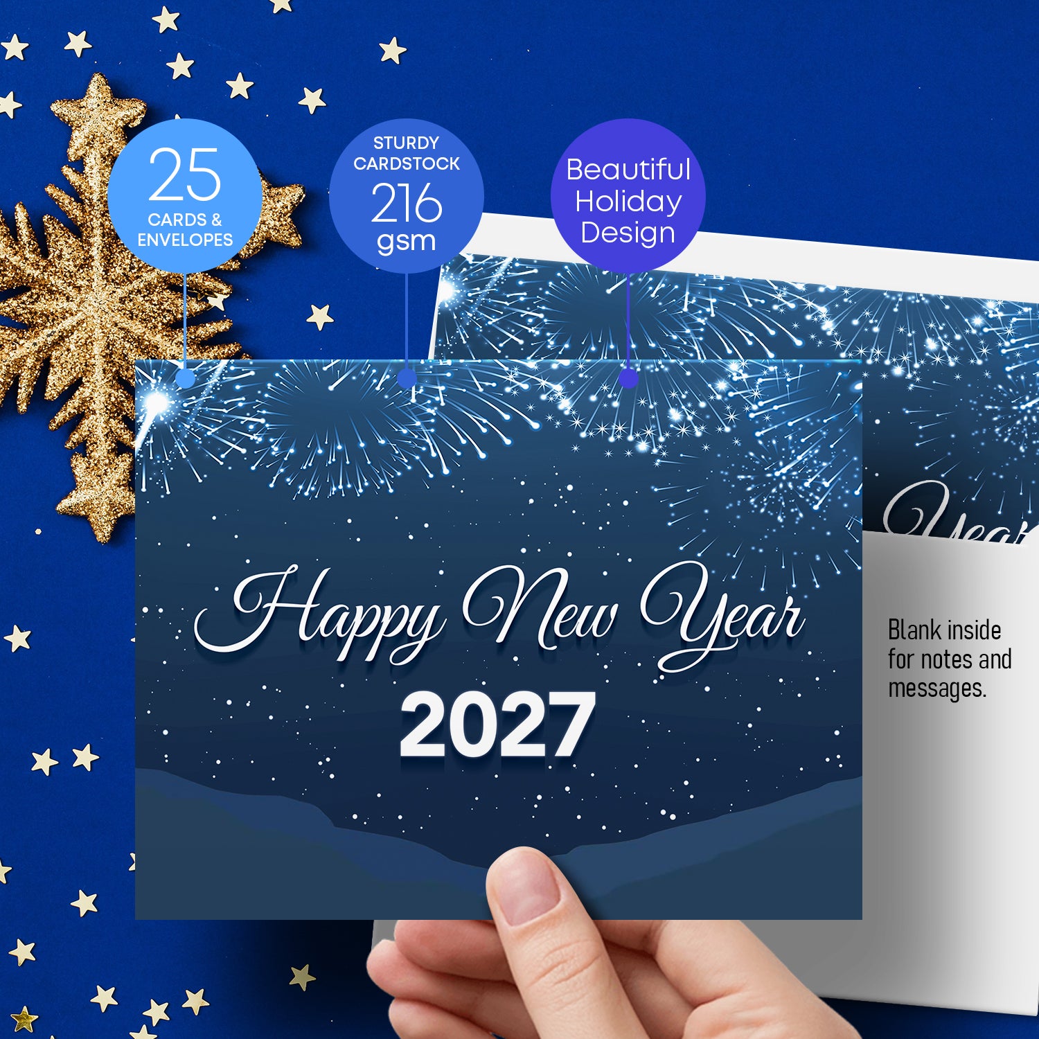 2023 Happy New Year - Blue Holiday Greetings 25 tarjetas y 25 sobres por paquete - 5 x 7" pulgadas cuando está plegado