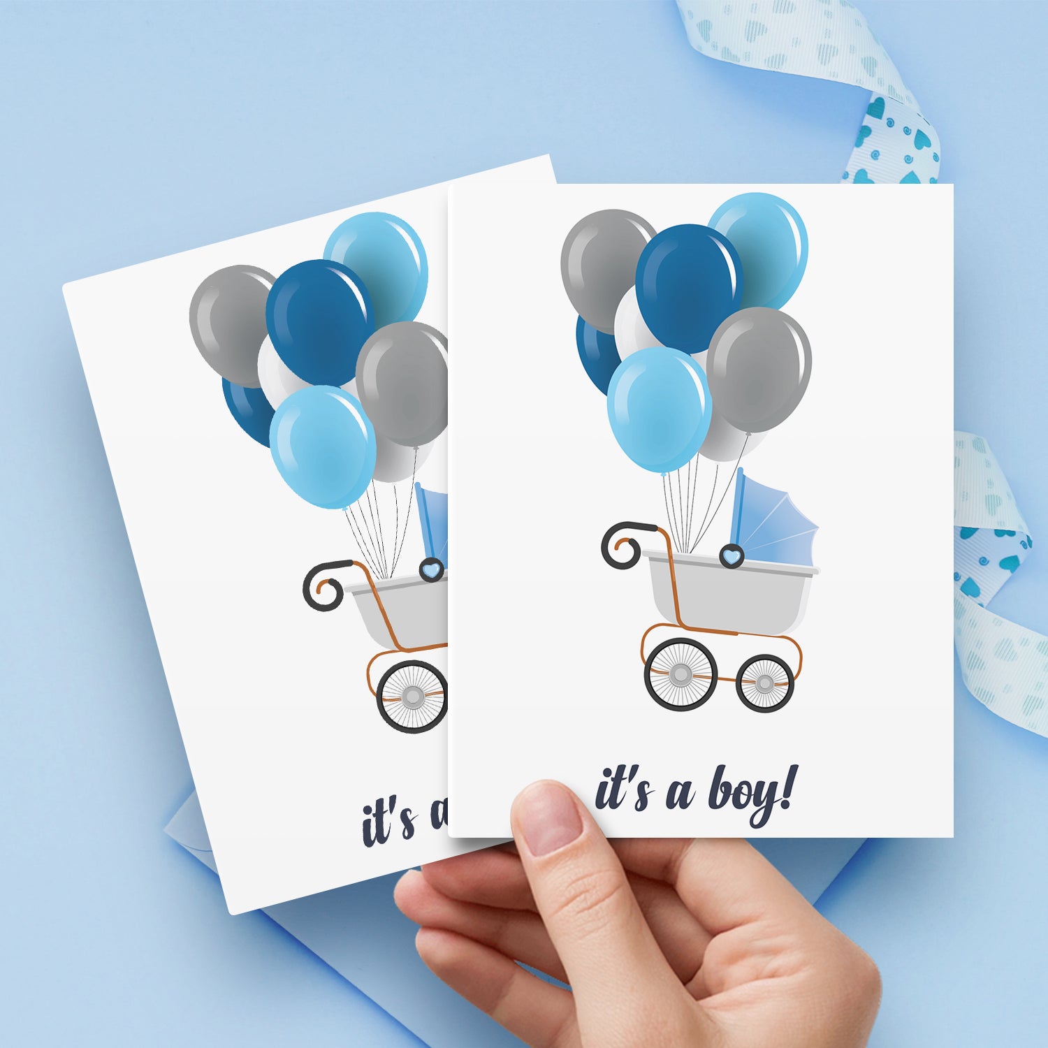 It's A Boy! – Blue Stroller & Balloons – Baby Shower Greeting Cards for New Mom Dad Parents, Welcome New Baby, Congrats, Gender Reveal – 10 per Pack