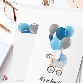 It's A Boy! – Blue Stroller & Balloons – Baby Shower Greeting Cards for New Mom Dad Parents, Welcome New Baby, Congrats, Gender Reveal – 10 per Pack