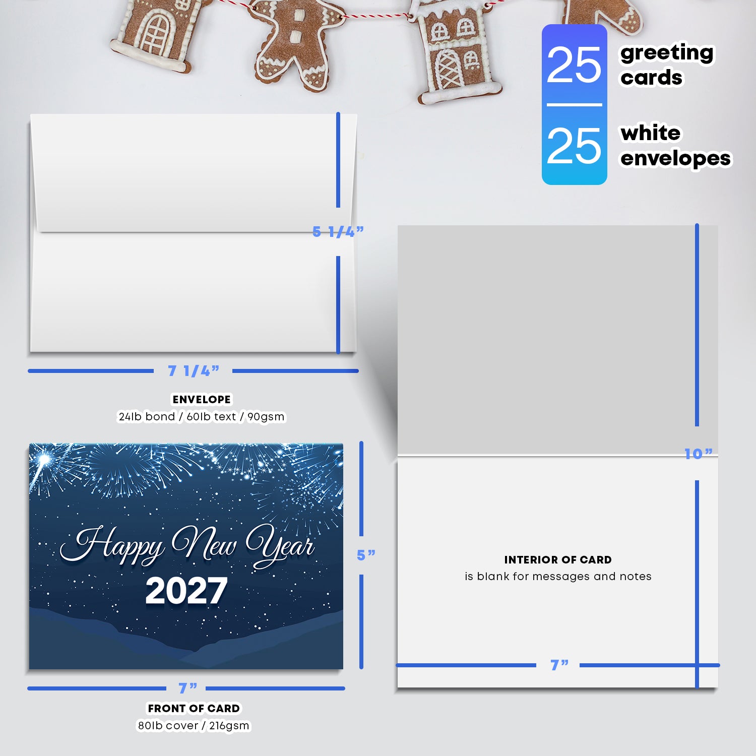 2023 Happy New Year - Blue Holiday Greetings 25 tarjetas y 25 sobres por paquete - 5 x 7" pulgadas cuando está plegado