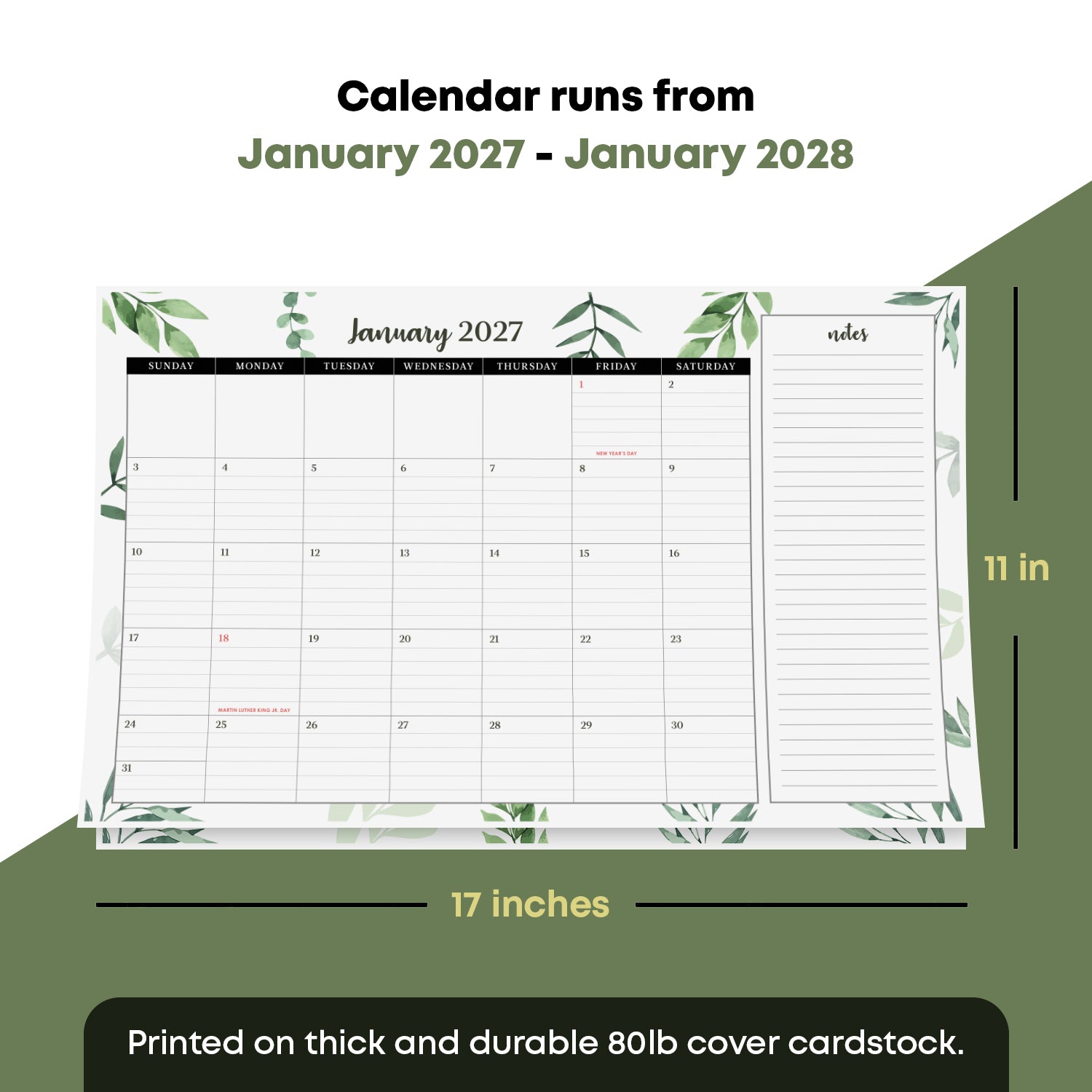 2027 desk calendar size chart, 11 x 17 inches, 80lb cover cardstock