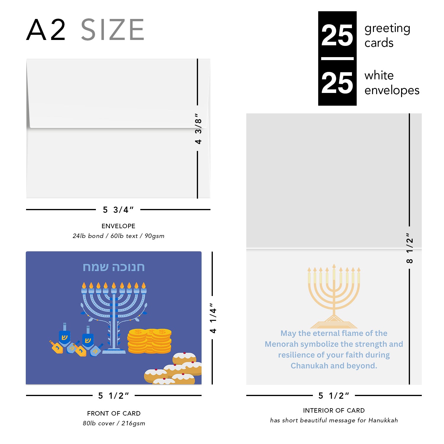 "Chanukah Sameach" Hanukkah Greeting Cards – Message Inside – Religious Jewish Holiday – 4.25 x 5.5" – 10 per Pack