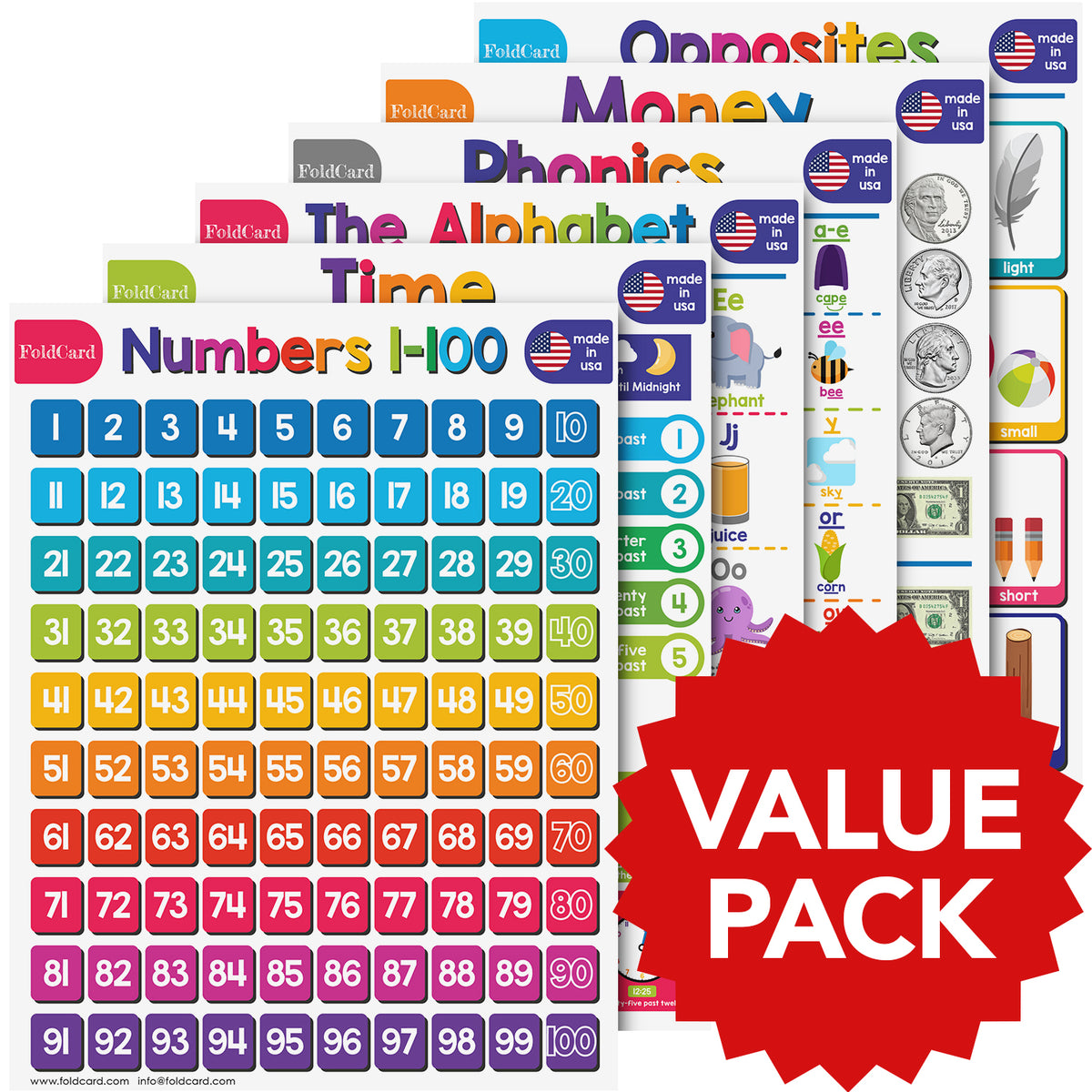 Advanced Bundle Educational Charts - 6 Charts for Kids - Preschool to Grade 3 - Durable, Glossy Cardstock - 8.5" x 11"