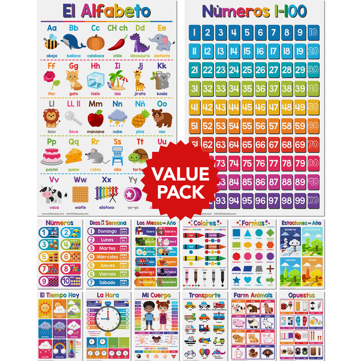 Spanish Chart Bundle - 14 Educational Posters for Kids - Large Size