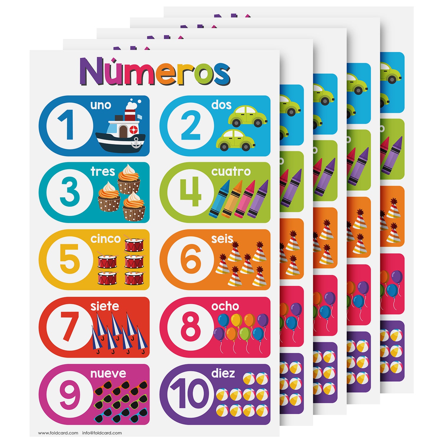 Spanish Numbers 1-10 Chart for Kids | Bright and Colorful Educational Poster | 11" x 17" | 5 Pack