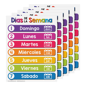 Spanish Days of the Week Educational Chart for Kids | 8.5" x 11" | 5-Pack