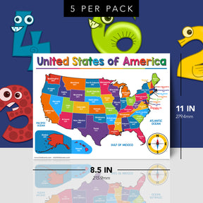 USA Map Chart for Preschool to Gradeschool Kids - Educational Learning Aid | 8.5" x 11" | 5 Pack