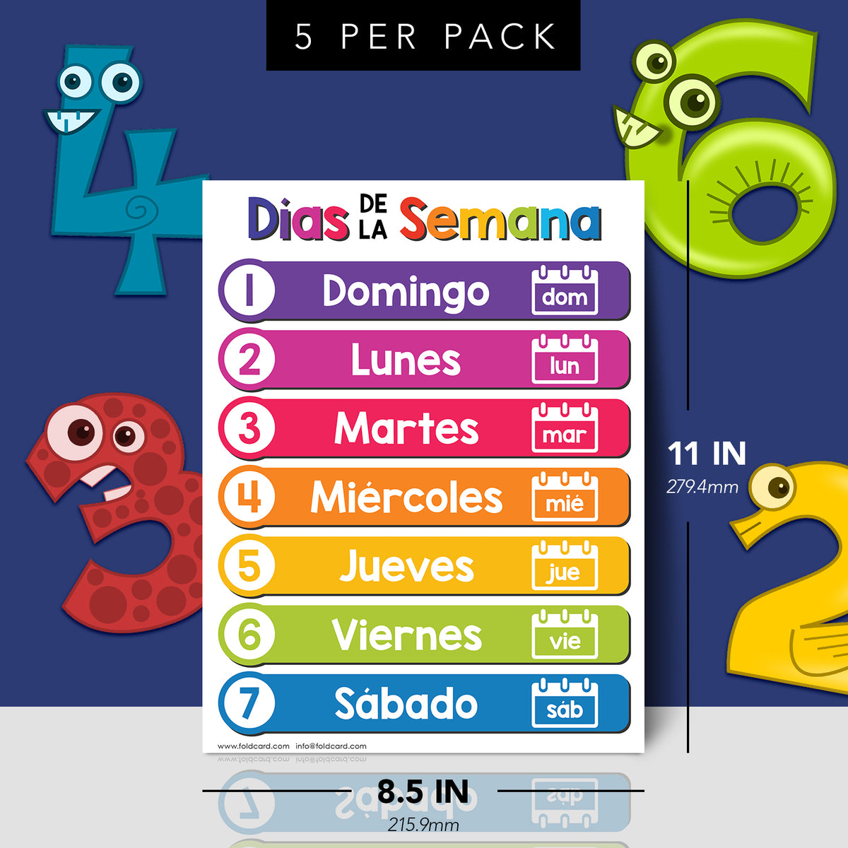 Spanish Days of the Week Educational Chart for Kids | 8.5" x 11" | 5-Pack