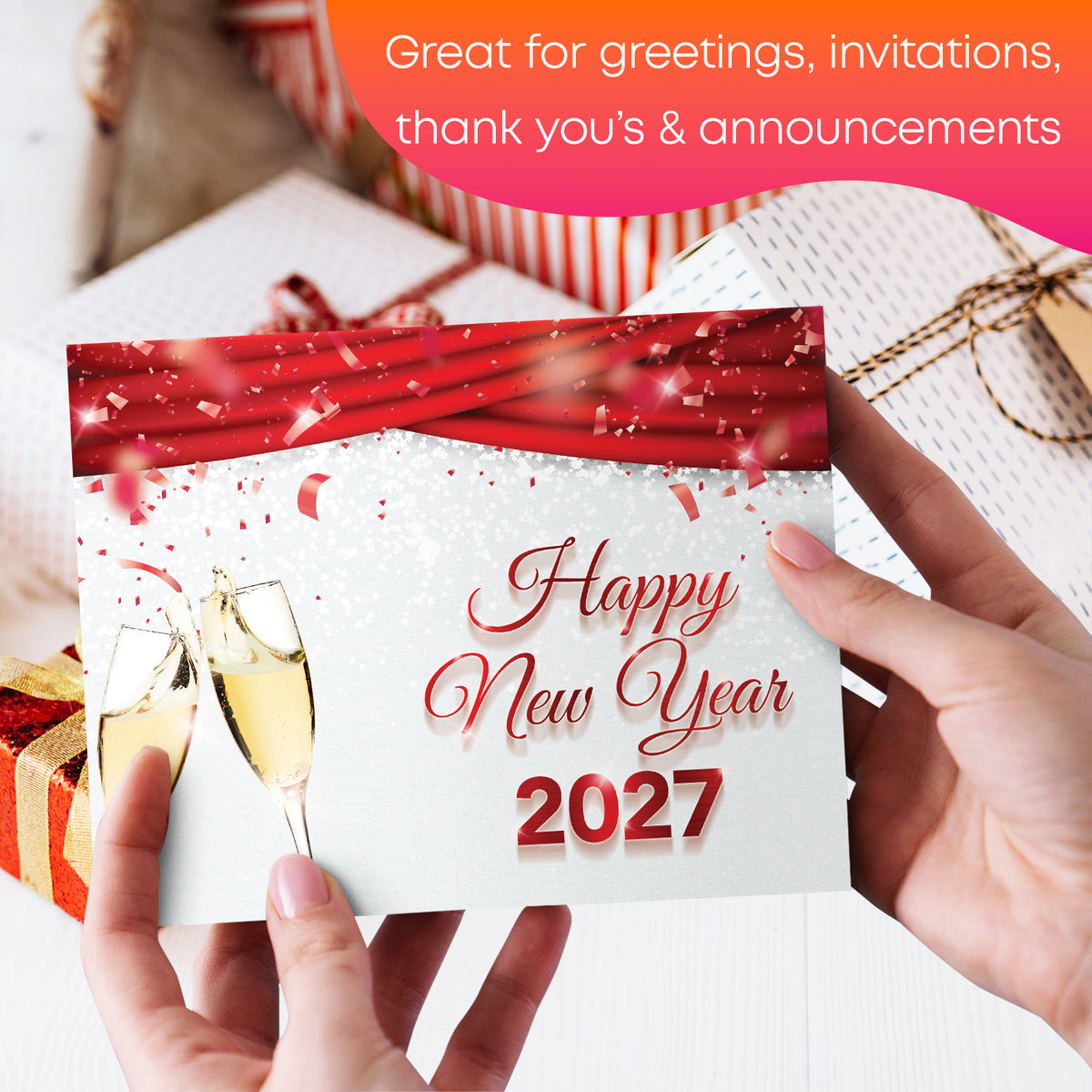 2027 Happy New Year Cards & Envelopes 25 Half Fold Cards & A7 Envelopes | 5 x 7 Inches