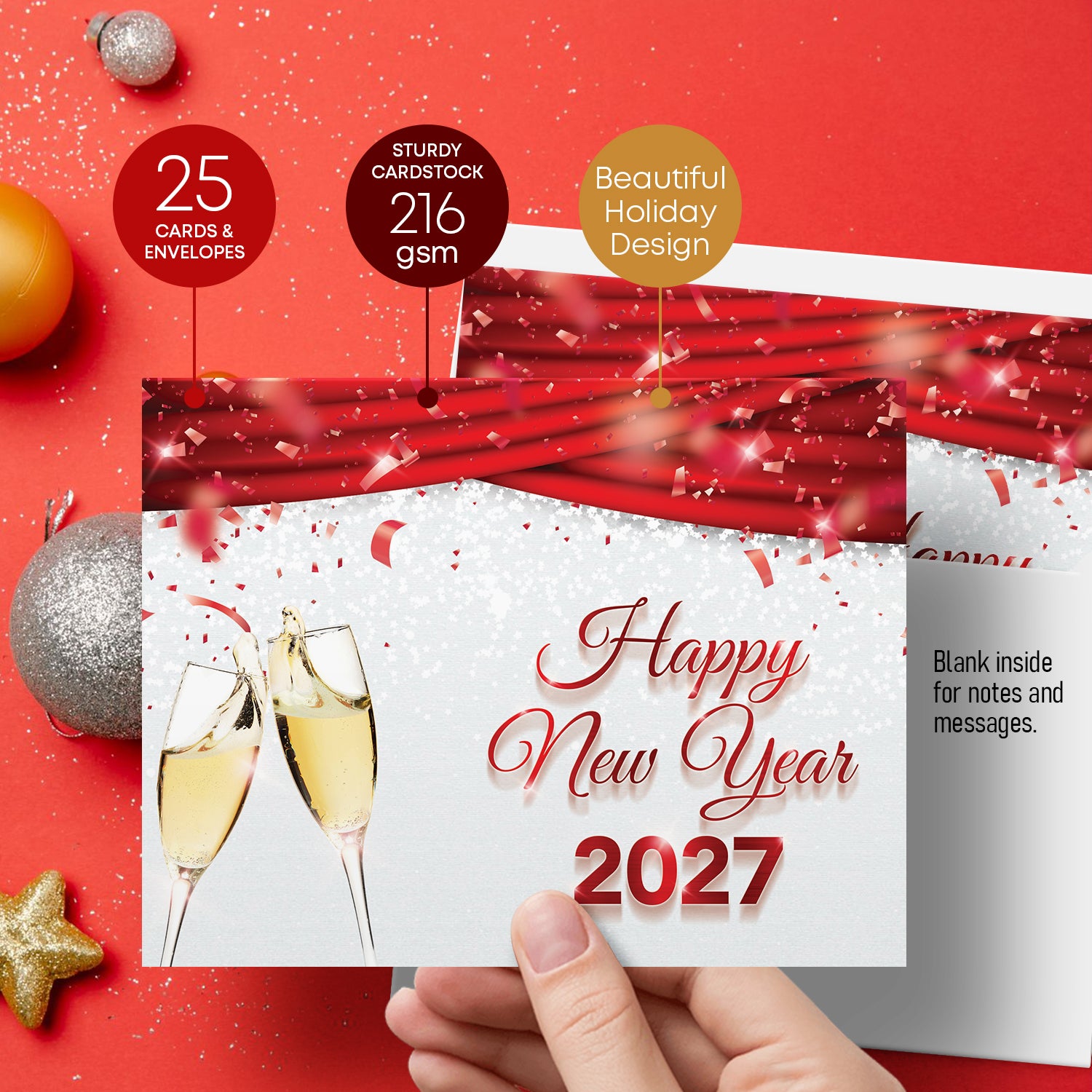 2027 Happy New Year Cards & Envelopes 25 Half Fold Cards & A7 Envelopes | 5 x 7 Inches