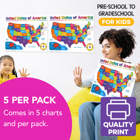 USA Map Chart for Preschool to Gradeschool Kids - Educational Learning Aid | 8.5" x 11" | 5 Pack