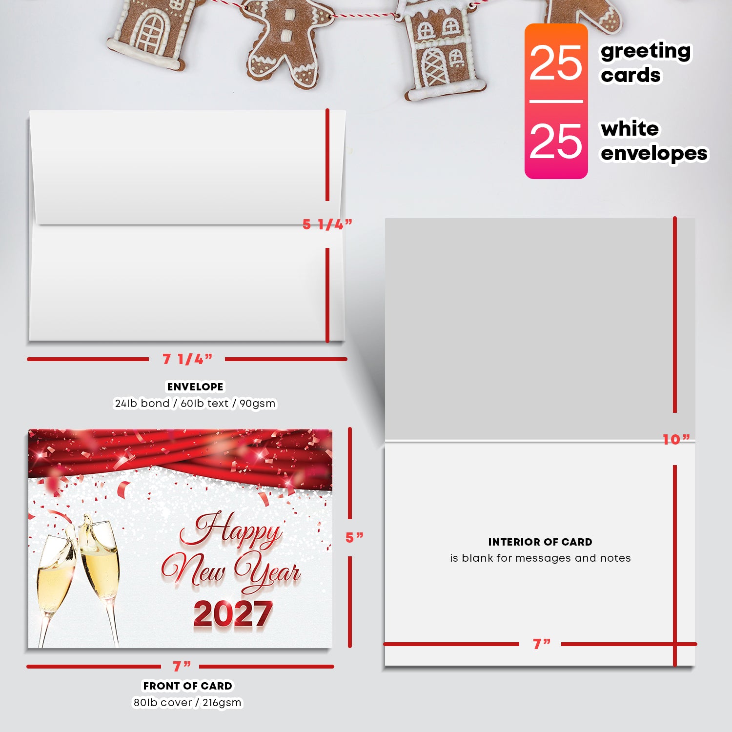 2027 Happy New Year Cards & Envelopes 25 Half Fold Cards & A7 Envelopes | 5 x 7 Inches