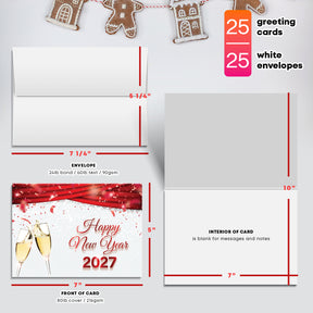 2027 Happy New Year Cards & Envelopes 25 Half Fold Cards & A7 Envelopes | 5 x 7 Inches