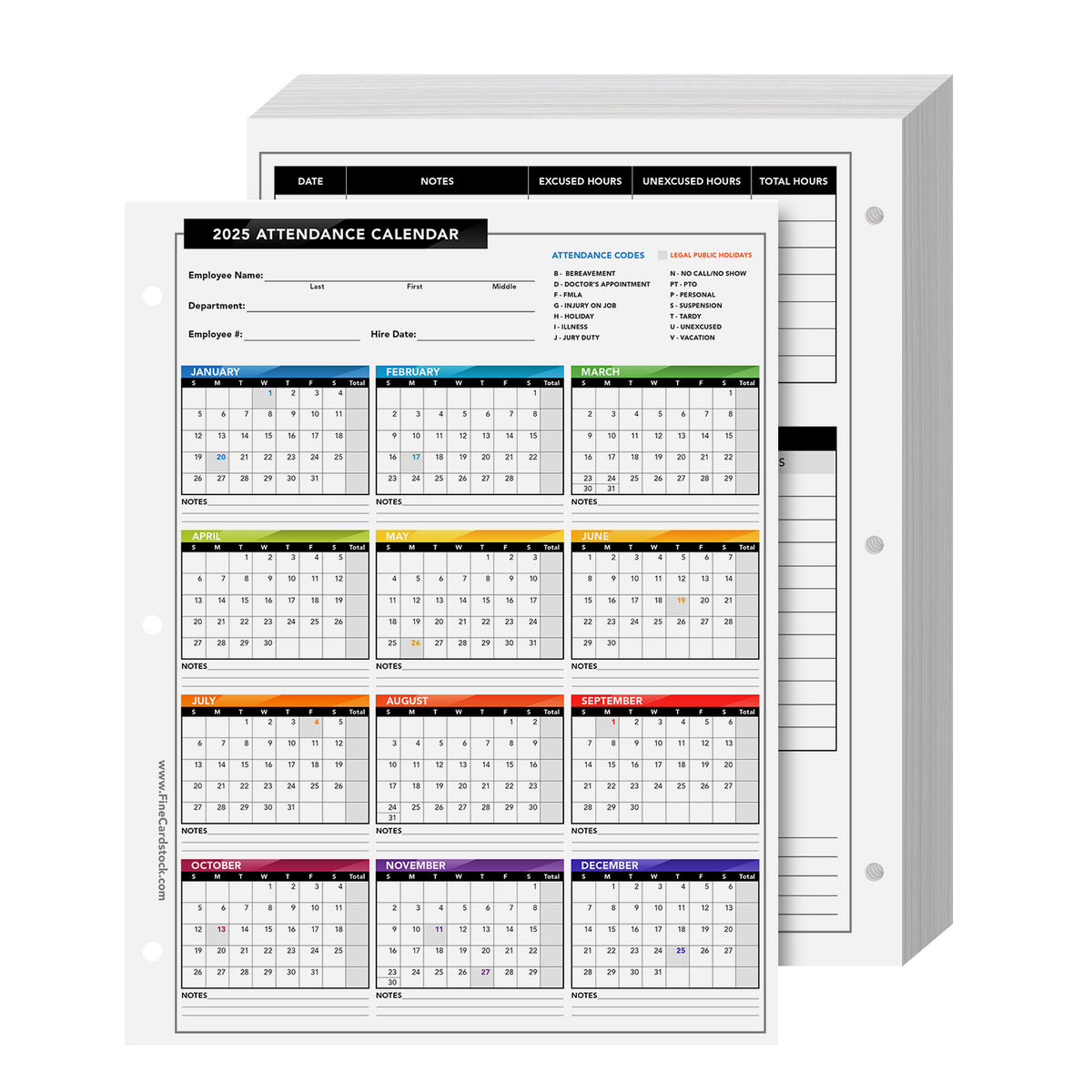 2025 Attendance Calendar Card Stock Paper – Great Employee Work Tracker