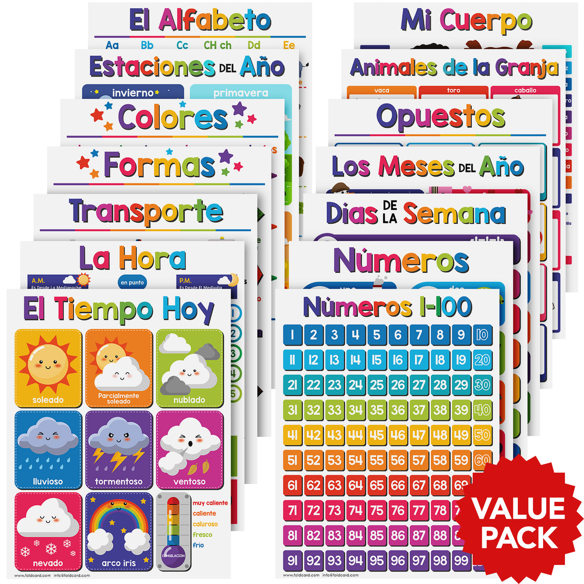 Spanish Chart Bundle - 14 Educational Posters for Kids