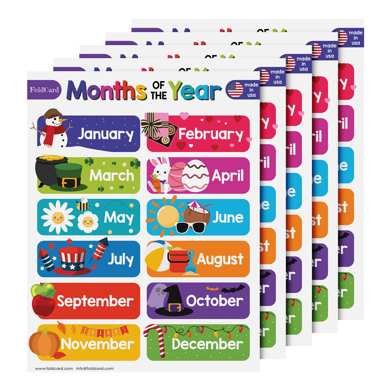 Colorful 12 Months of the Year Chart for Kids - Educational Poster | 5 Pack | 8.5" x 11" | Durable Cardstock