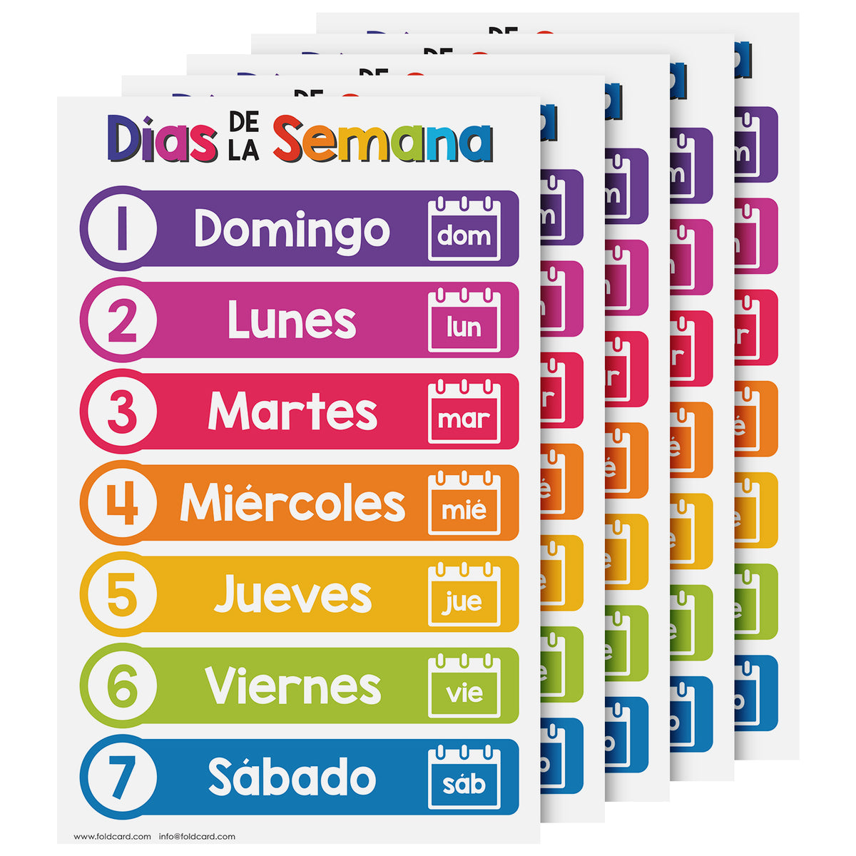 Spanish Days of the Week Educational Chart for Kids | 11" x 17" | 5-Pack