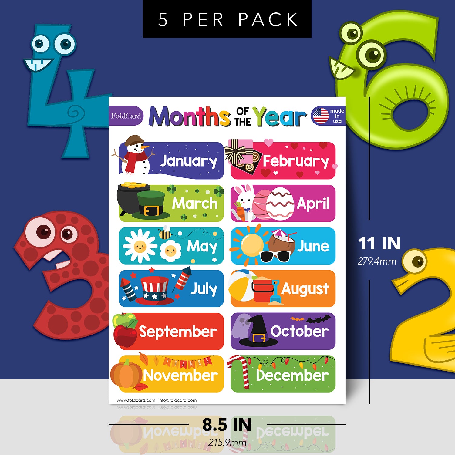 Colorful 12 Months of the Year Chart for Kids - Educational Poster | 5 Pack | 8.5" x 11" | Durable Cardstock
