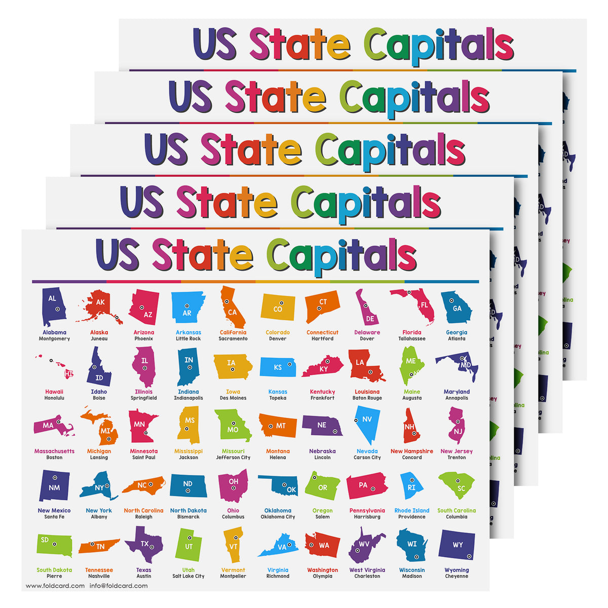 USA State Capitals Chart for Preschool to Gradeschool Kids - Educational Learning Aid | 8.5" x 11" | 5 Pack