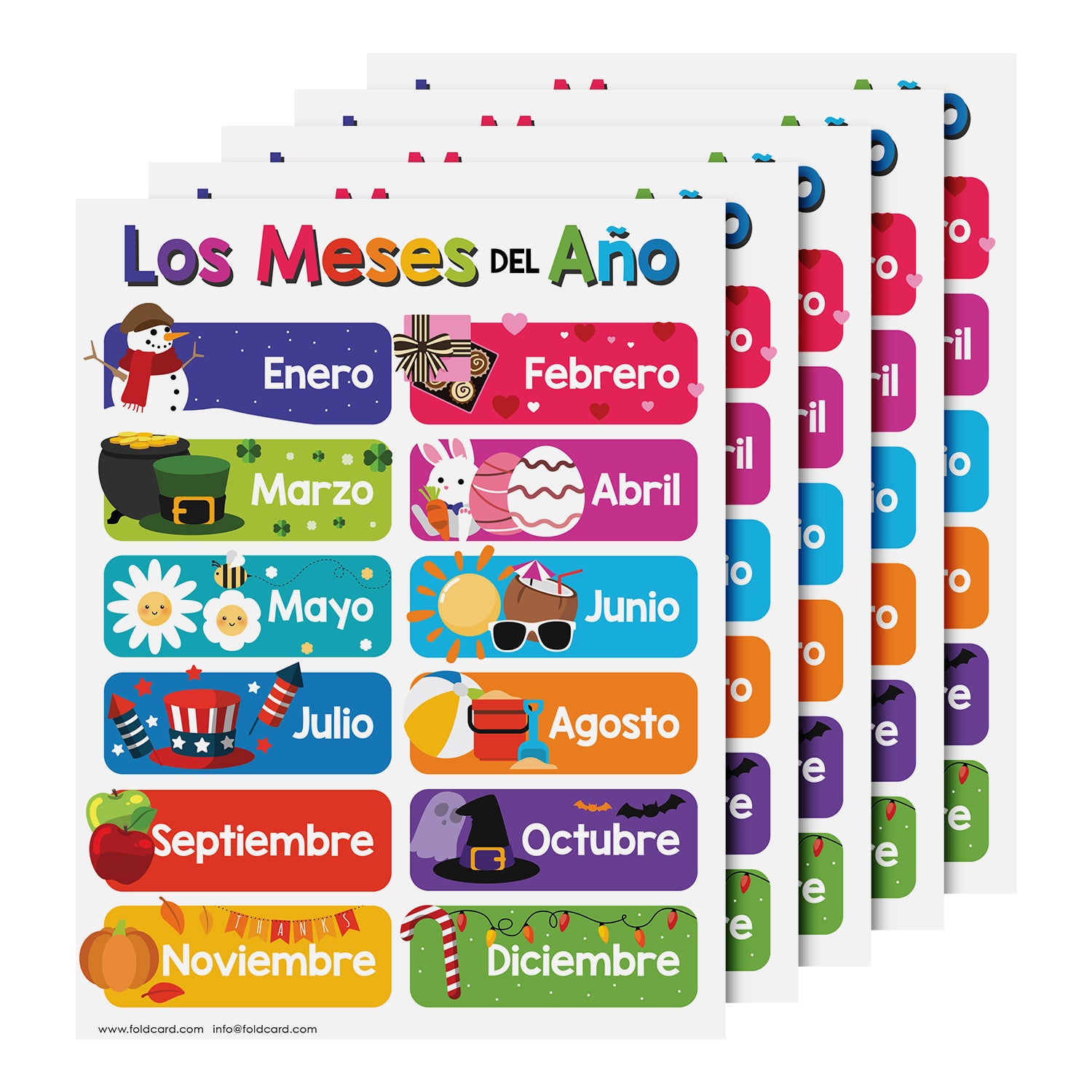 Colorful Spanish 12 Months of the Year Chart for Kids - Educational Poster | 5 Pack | 8.5" x 11" | Durable Cardstock