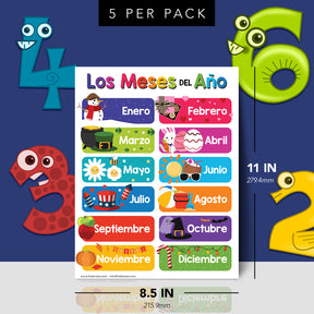 Colorful Spanish 12 Months of the Year Chart for Kids - Educational Poster | 5 Pack | 8.5" x 11" | Durable Cardstock