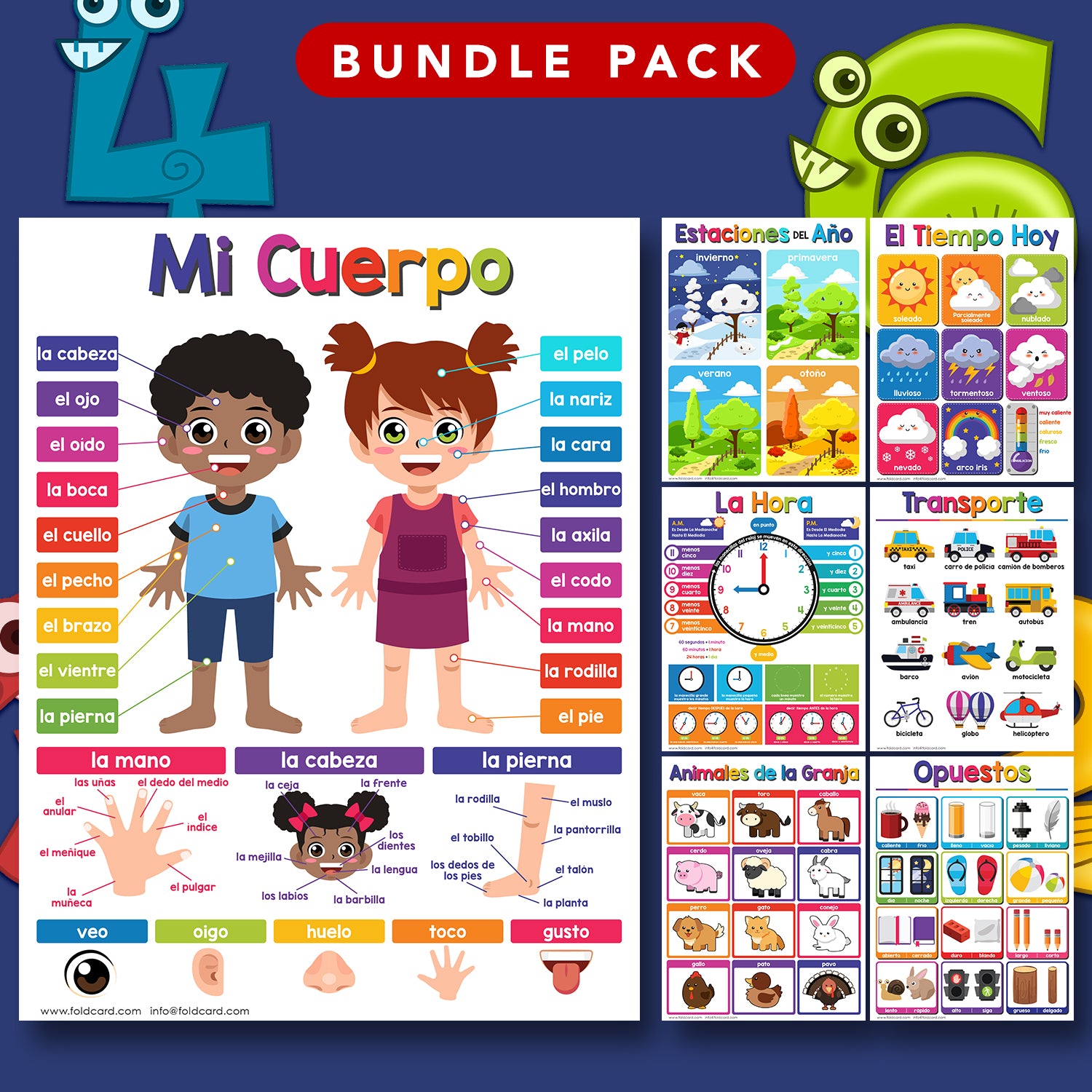 Spanish Chart Bundle - 14 Educational Posters for Kids