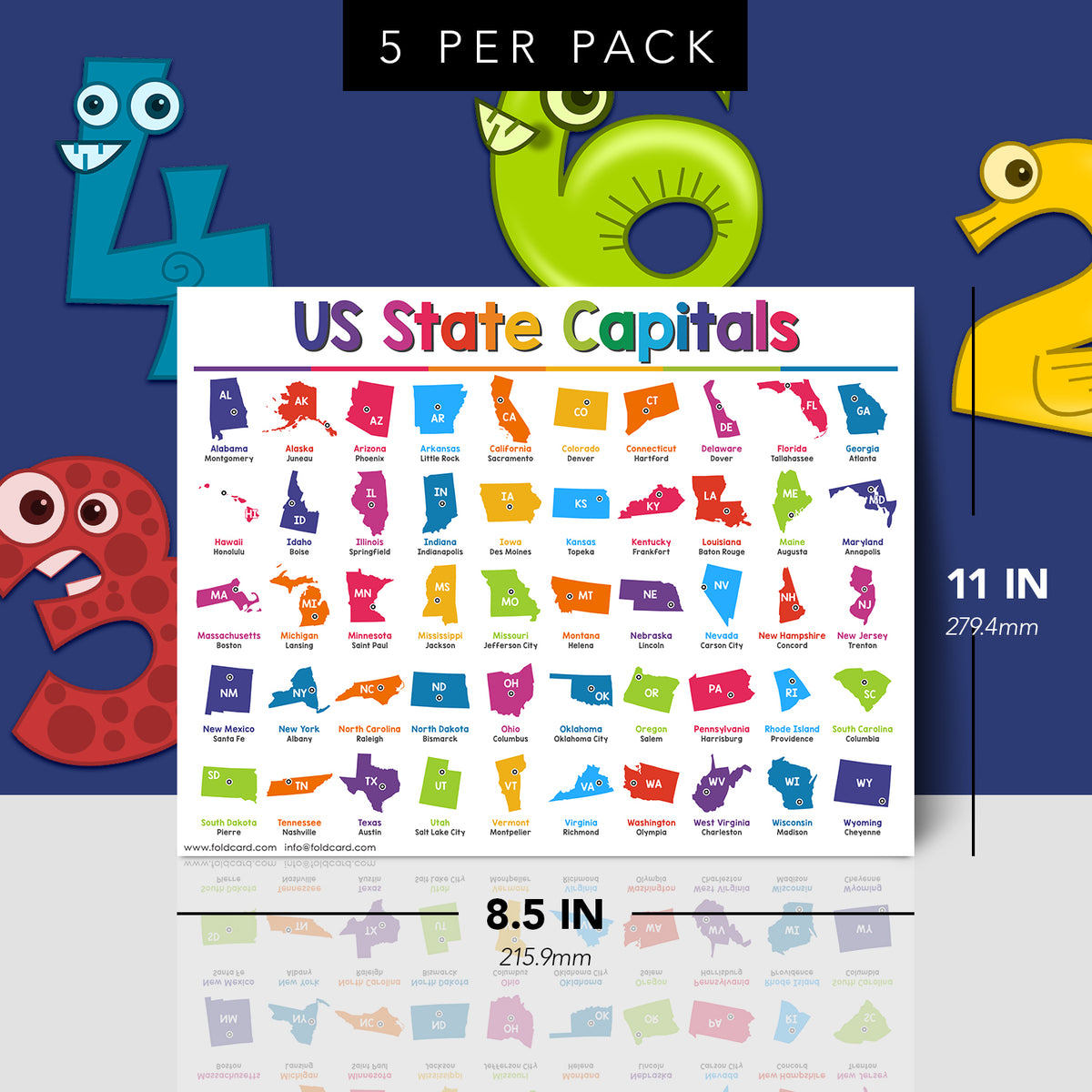 USA State Capitals Chart for Preschool to Gradeschool Kids - Educational Learning Aid | 8.5" x 11" | 5 Pack