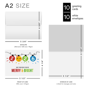 2026 Merry Christmas Happy New Year Holiday Greeting Cards 10 Per Pack - 4.25 x 5.5” (A2 Size)