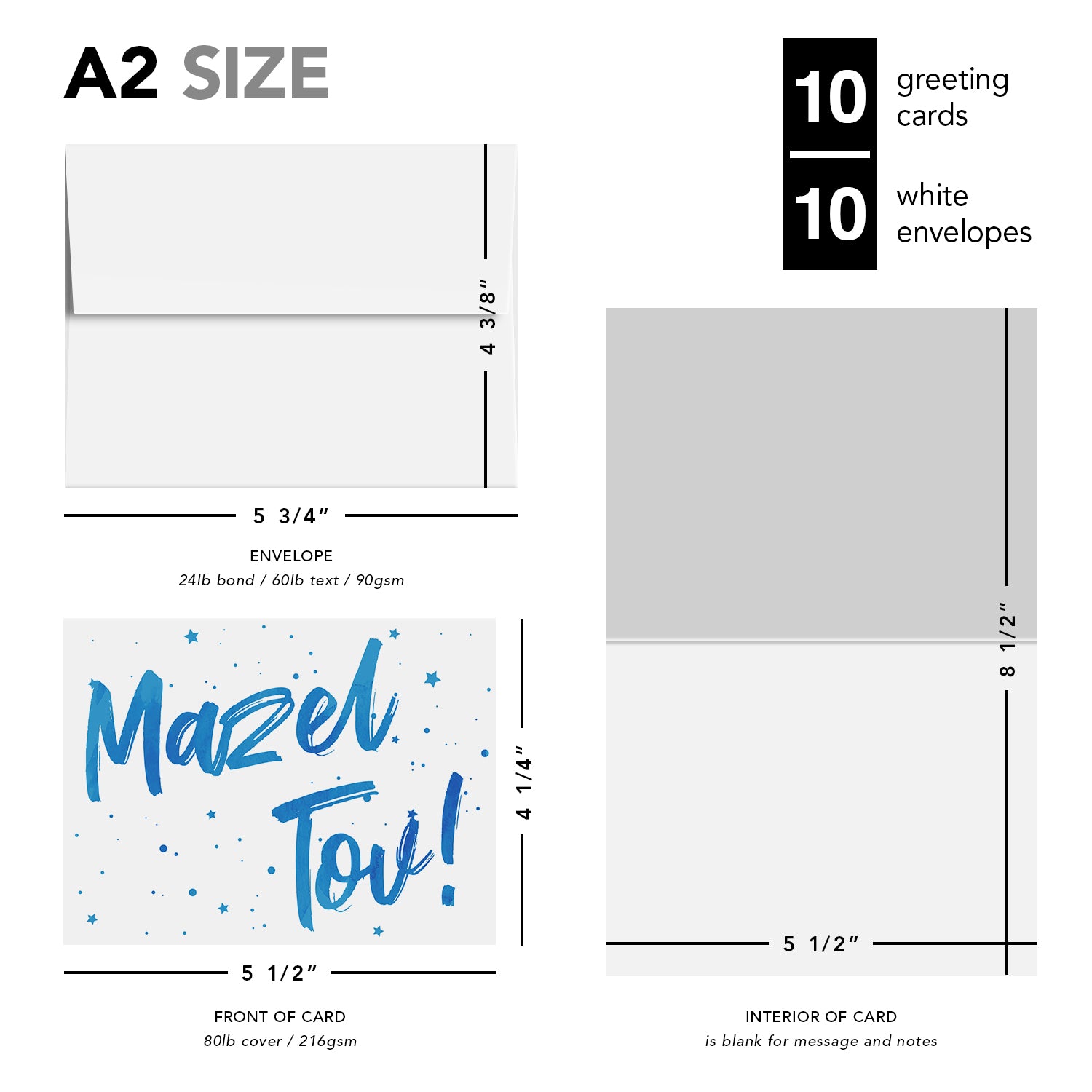 Mazel Tov Congratulations Greeting Cards and Envelopes – Bar and Bat Mitzvah, Weddings and Jewish Celebrations – 4.25" x 5.5" – 10 per Pack