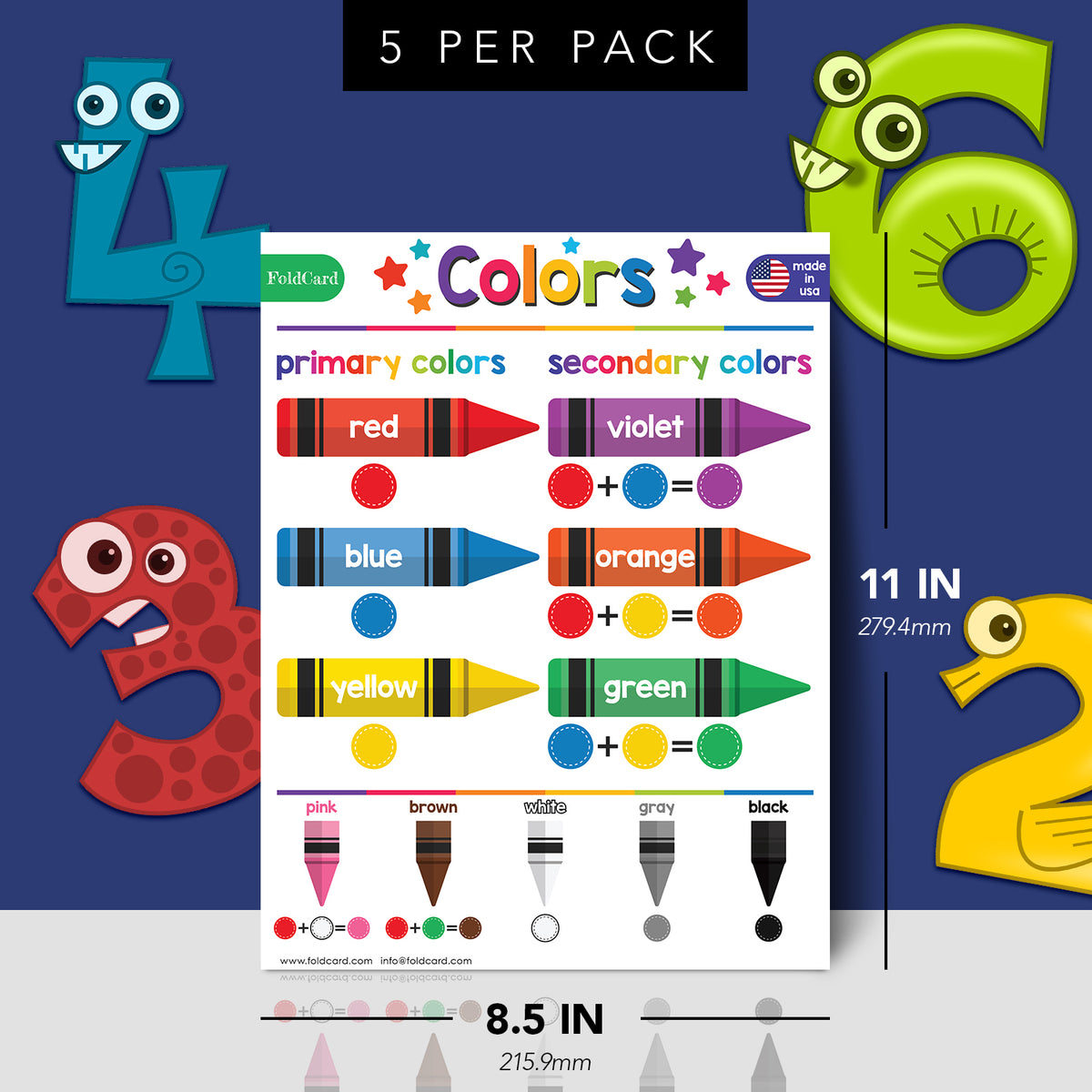 Colors Chart for Kids - Educational Poster | Durable Cardstock | 8.5" x 11" | 5-Pack